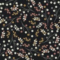 Detailed seamless pattern with stylish flowers and leaves isolated on black background