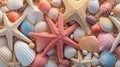 Detailed seashell backdrop texture. A close-up of coral, starfish, and colorful seashells in various forms