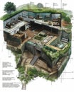 Detailed sectional perspective of an underground eco-house, revealing a modern, sustainable interior and surrounding