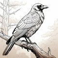 Detailed Shading Vector Of Crow Perched On Forest Branch
