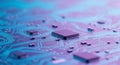 Close-up of a vibrant blue and purple circuit board with microchips Royalty Free Stock Photo