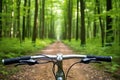 detailed shot of bike handlebars with wooded trail in background