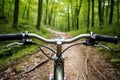 detailed shot of bike handlebars with wooded trail in background