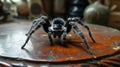 Close-up of a toy spider resting on a table, its faux features intricate, Ai Generated