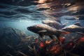 a detailed shot of a carps scales in clear river water