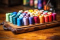 a detailed shot of colorful spools of thread on an old wooden table Royalty Free Stock Photo