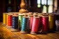 a detailed shot of colorful spools of thread on an old wooden table Royalty Free Stock Photo