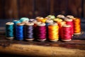 a detailed shot of colorful spools of thread on an old wooden table Royalty Free Stock Photo