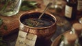A detailed shot of a copper vessel filled with a dark herbal concoction along with a handwritten label naming its