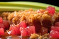 detailed shot of crisp topping on rhubarb filling