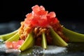 detailed shot of crisp topping on rhubarb filling