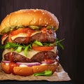Detailed shot of delicious handmade burger against dark backdrop