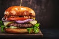 Detailed shot of delicious handmade burger against dark backdrop