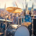 Detailed shot drum kit at summer outdoor rock party