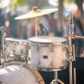 Detailed shot drum kit at summer outdoor rock party