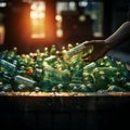 Detailed shot eco conscious hand throws plastic bottle in recycling bin, promoting recycling