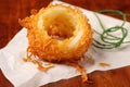 a detailed shot of a half-eaten onion ring on a napkin