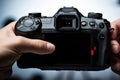 Detailed shot of a hand activating a black digital camera with a button press