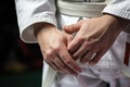 detailed shot of a hand gripping a judo uniform during a match