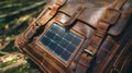 A detailed shot of a handcrafted leather bag featuring a builtin solar panel. The combination of artis leatherwork and