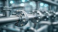 Close-up view of shiny stainless steel industrial pipeline with bolts and flanges in a modern factory setting showcasing advanced Royalty Free Stock Photo