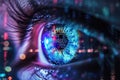 A detailed shot of an individuals eye featuring vibrant lights as the backdrop, Vivid conceptualisation of internet privacy, AI