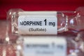 Detailed shot of a 1 mg ml vial of morphine sulfate for injections or infusions