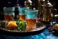 detailed shot of ornate moroccan tea glasses filled with mint tea