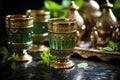 detailed shot of ornate moroccan tea glasses filled with mint tea