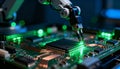 Robotic Arm Assembling a Complex Electronic Circuit Board with Green Illumination Royalty Free Stock Photo