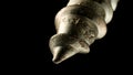 Detailed shot of a steel screw screw or metal bolt on isolated black background. Helix thread super macro closeup