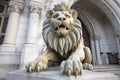 detailed shot of stone lion guarding city hall entrance