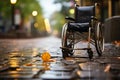 Detailed shot of unoccupied wheelchair displaying handicap symbol on pavement Royalty Free Stock Photo