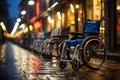 Detailed shot of unoccupied wheelchair displaying handicap symbol on pavement Royalty Free Stock Photo