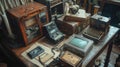 A detailed shot of a vintage ghost hunting equipment setup, including EMF meters and infrared cameras, laid out on an