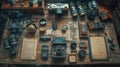 A detailed shot of a vintage ghost hunting equipment setup, including EMF meters and infrared cameras, laid out on an