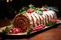 detailed shot of yule log cake garnished with fresh holly