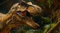 Detailed side view photograph of a lifelike dinosaur model in a simulated jungle environment