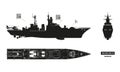 Detailed silhouette of military ship. Top, front and side view. Battleship model. Warship in flat style