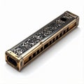 Detailed Silver and Gold Harmonica on White Background Close Up Royalty Free Stock Photo