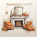 Detailed Sketch Of Halloween Fireplace With Pumpkins And Whitewall Mirror