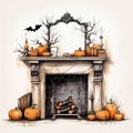 Detailed Sketch Of Halloween Fireplace Scene With Pumpkins