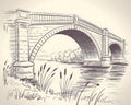 Detailed Sketch of a Large Stone Bridge with Arches Over a River with Cattails and Grass drawing arched Royalty Free Stock Photo