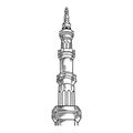 Detailed sketch of mosque tower for Ramadan Kareem isolated on white background. Happy Ramadan Mubarak free hand drawing