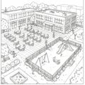 A detailed sketch of a school courtyard featuring two large rectangular buildings with Royalty Free Stock Photo