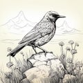 Detailed Sketch Of Starling On Moss: Monochromatic Line Art Illustration Royalty Free Stock Photo