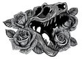 Monochromatic Detailed sketch style drawing of the roaring tyrannosaurus rex and roses frame. Tattoo design.