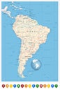 Detailed South America Map and location pin icons Royalty Free Stock Photo