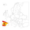 Detailed Spain silhouette with national flag on contour europe map on white