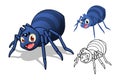 Detailed Spider Cartoon Character with Flat Design and Line Art Black and White Version
